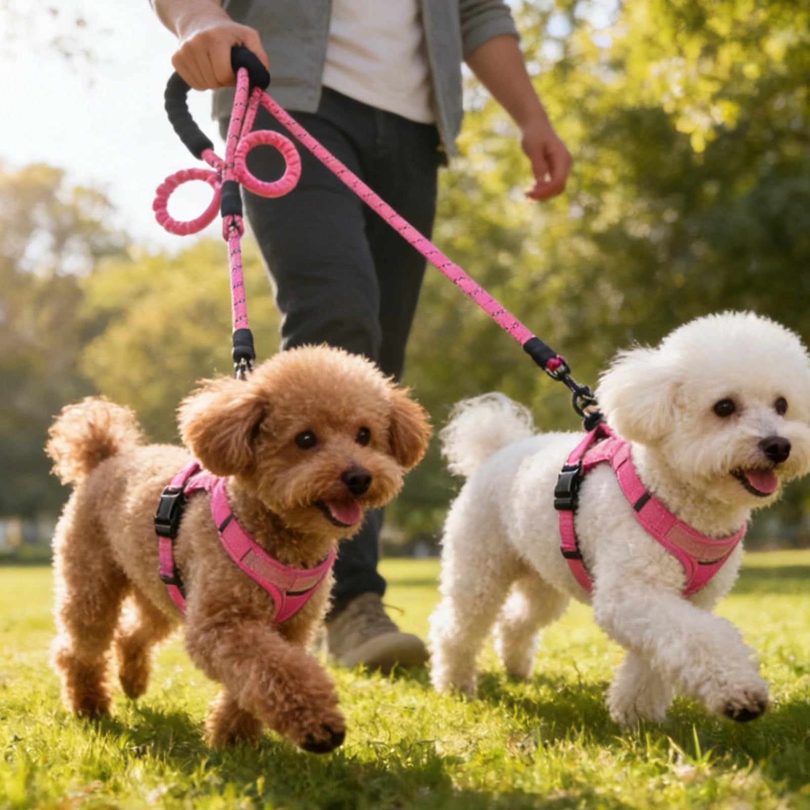 Laisse Double pour Chien Rose, coupleur Anti-nœuds, Laisse Double Solide pour Promener Deux Chiens, Nylon réfléchissant, pour Grands Chiens, 35,4 x 33,5 x 33,5 in / 90 x 85 x 85 cm