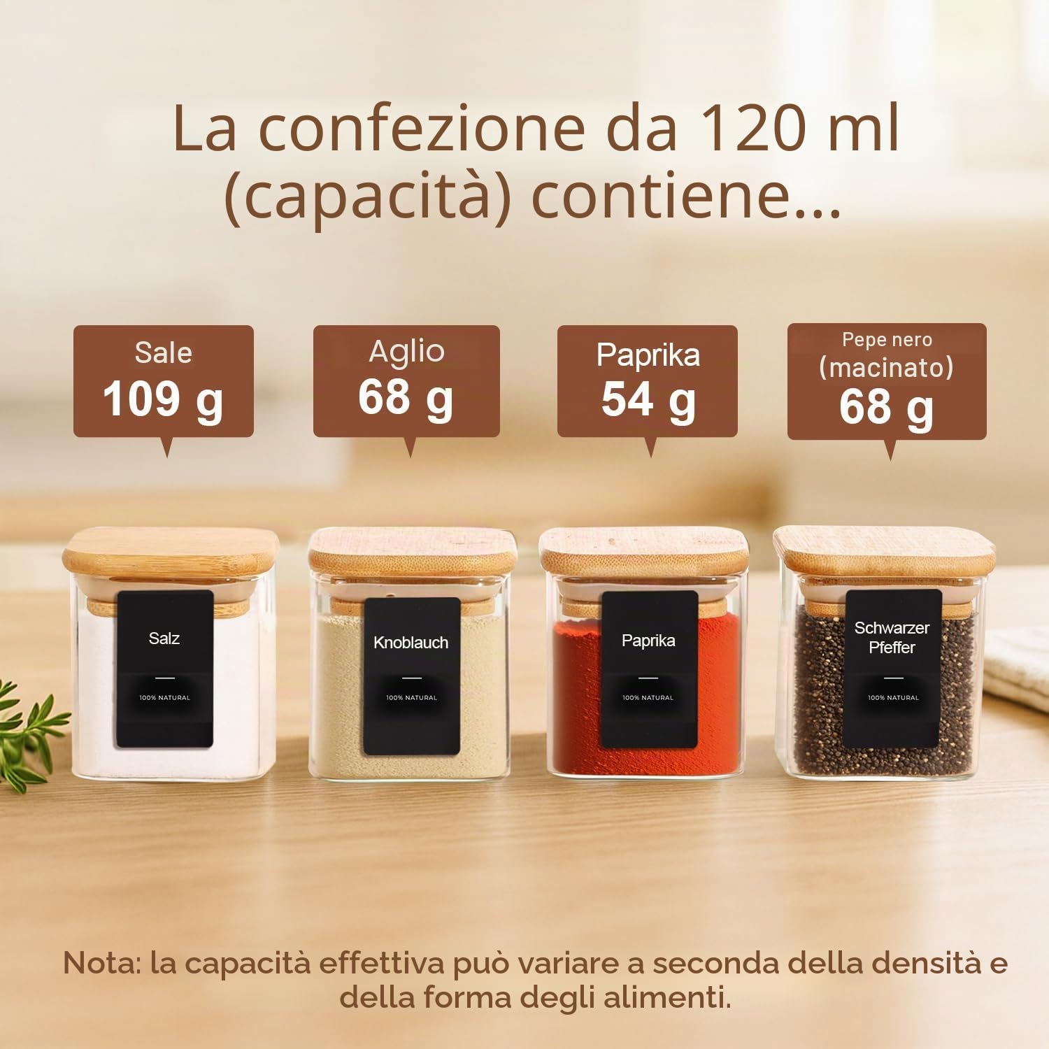 ComSaf Barattoli Spezie Quadrati, 12 x 120 ml, Barattoli Vetro con Coperchio in Bambù, Contenitori Spezie Ermetici con 54 Etichette, per Porta Spezie per Cucina, Cassetto e Cucina