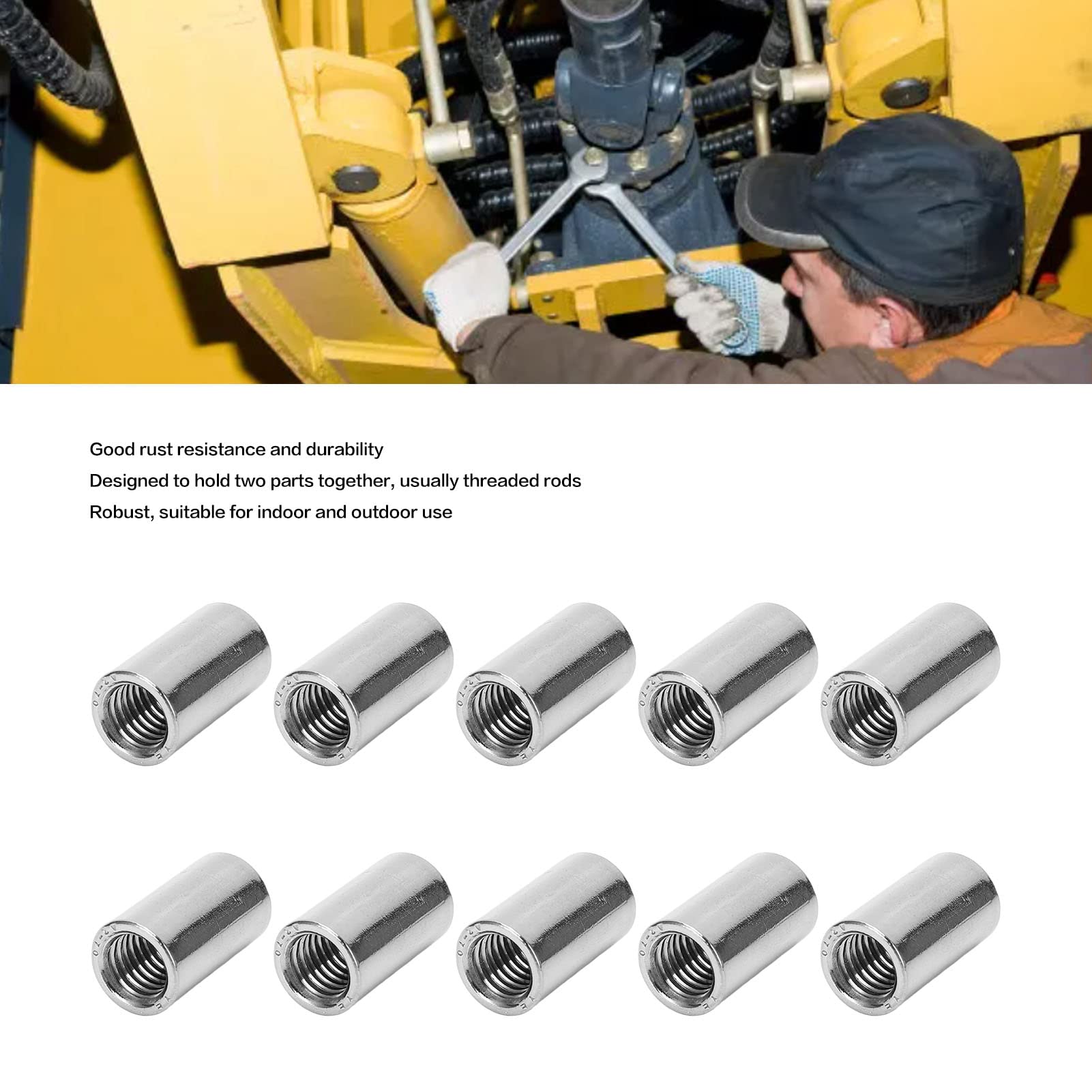 10-Pack Round Coupling Nut – M10 X 1.5 Female Thread, 14mm OD, 25mm Length, 304 Stainless Steel Connector For Replacement & Maintenance
