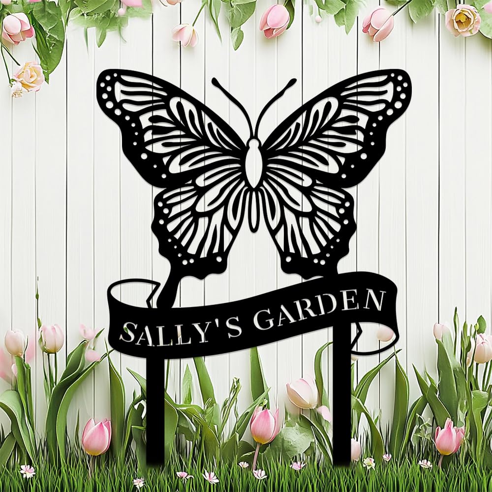 Personalized Metal Garden Sign with Stake,Custom Butterfly Decor for Yard Outdoor,Customized Gardener Family Name Signs,Gardening Gifts Welcome Plaque Decoration for Front Door Patio Lawn Art Outside