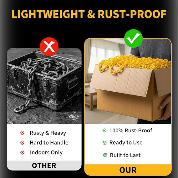 120 FT Yellow Plastic Chain Links, Safety Chain with 25 Hooks, Plastic Barrier Chains for Crowd Control, Parking Driveways Queue Lines Construction Sites UV Resistant