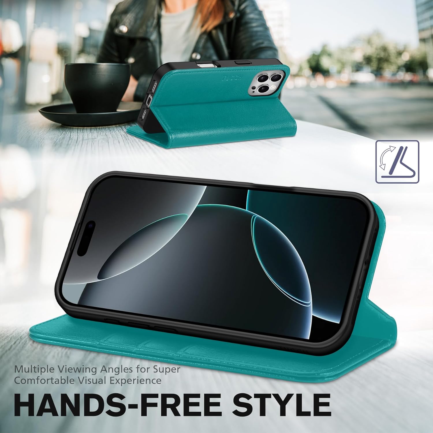TUCCH Case for iPhone 16 Pro, PU Leather Folio Wallet with [Kickstand] RFID Blocking 3 Card Slots Flip Book Cover [Protective TPU Interior Case] Compatible with iPhone 16 Pro 5G 2024, Cyan