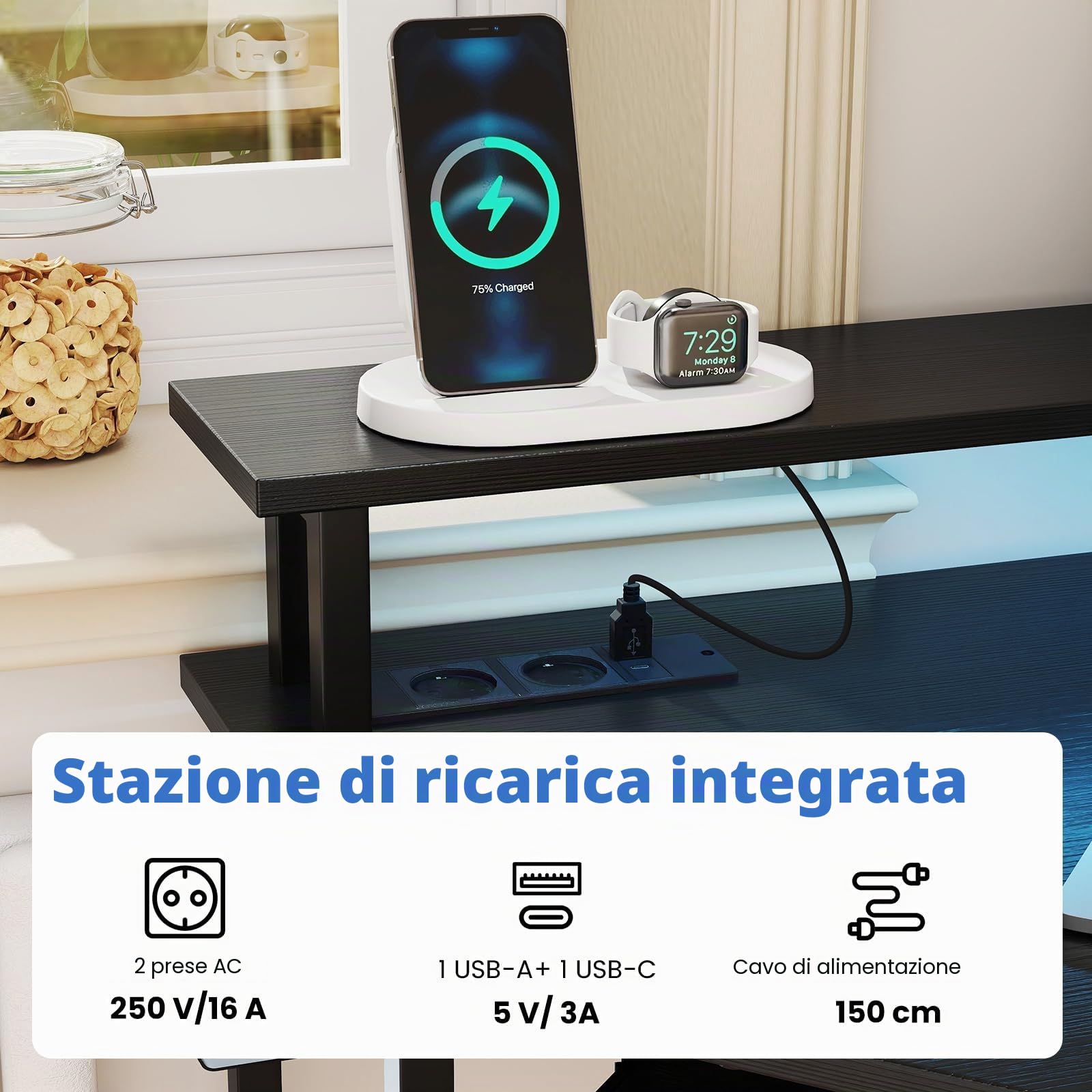 LIFEZEAL Scrivania angolare con luci LED, scrivania angolare con supporto per monitor e tastiera, tavolo da ufficio con stazione di ricarica USB tipo C e prese, telecomando (nero)