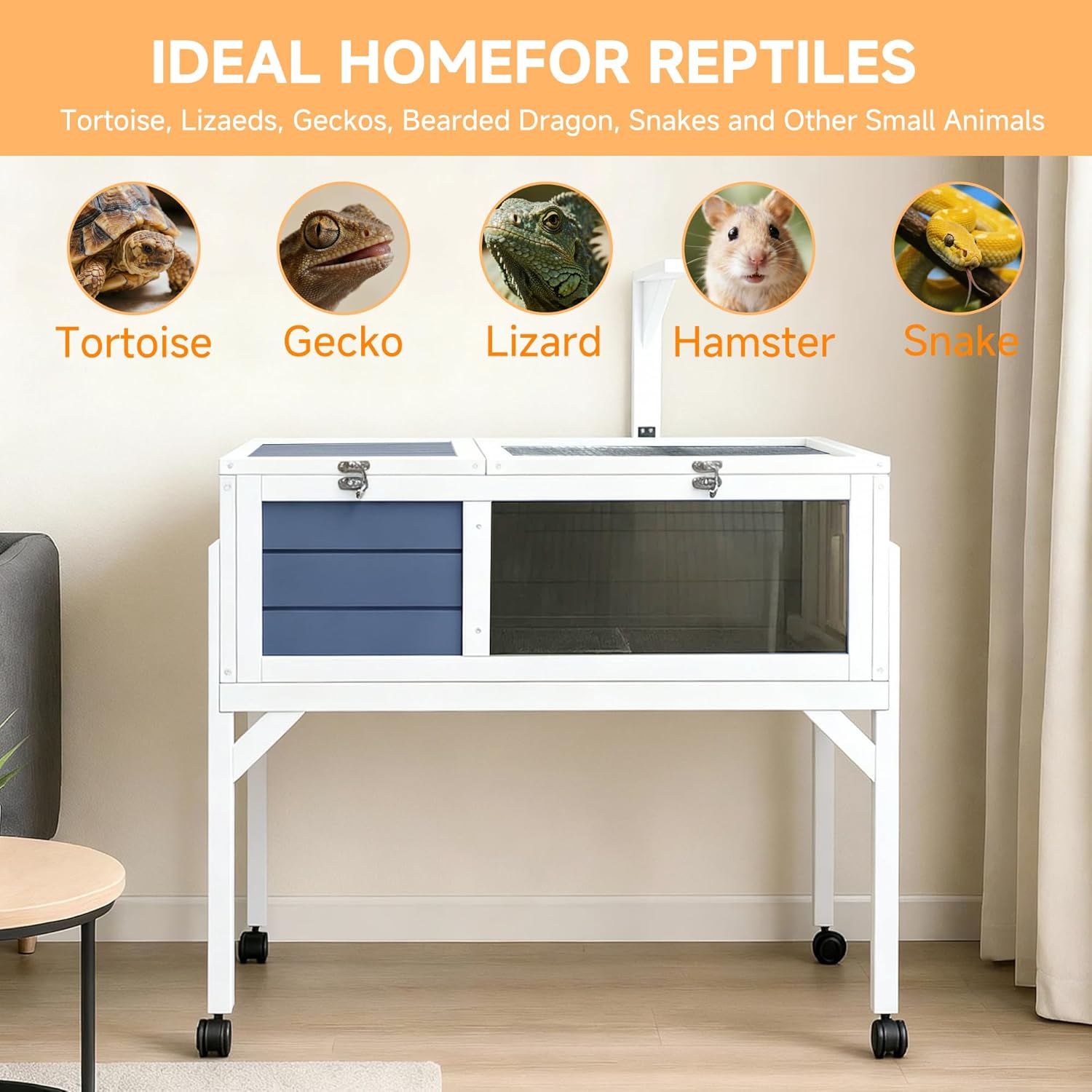 Large Tortoise Habitat Wooden Reptile Enclosure Indoor Outdoor Turtle Cage Reptile Terrarium House with Leg Wheel Storage Shelf Tray Adjustable Lamp Holder Bearded Dragon Iguana Snake (Grey and White)