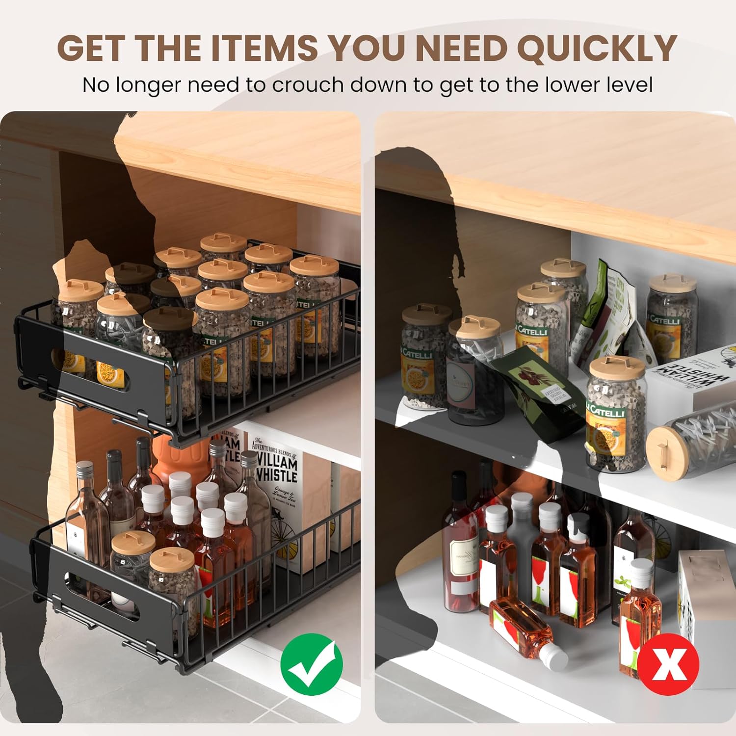 Pull Out Cabinet Organizer, 2 Pack Heavy Duty Slide Out Drawers Pantry Shelves Fixed With Strong Adhesive Glue and Handle for Kitchen, Living Room, Bathroom, Home (14.8" D X 9.6" W X 3.9" H)