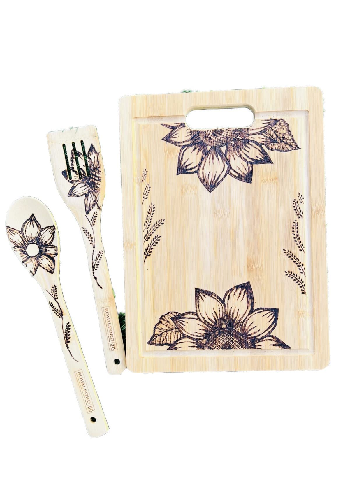 Handmade Sunflower design Wood Burnt Cutting Board Set, Bamboo Cutting Board, wood burning, wood burnt, wood burned, Floral design Wood Burning, Pyrography
