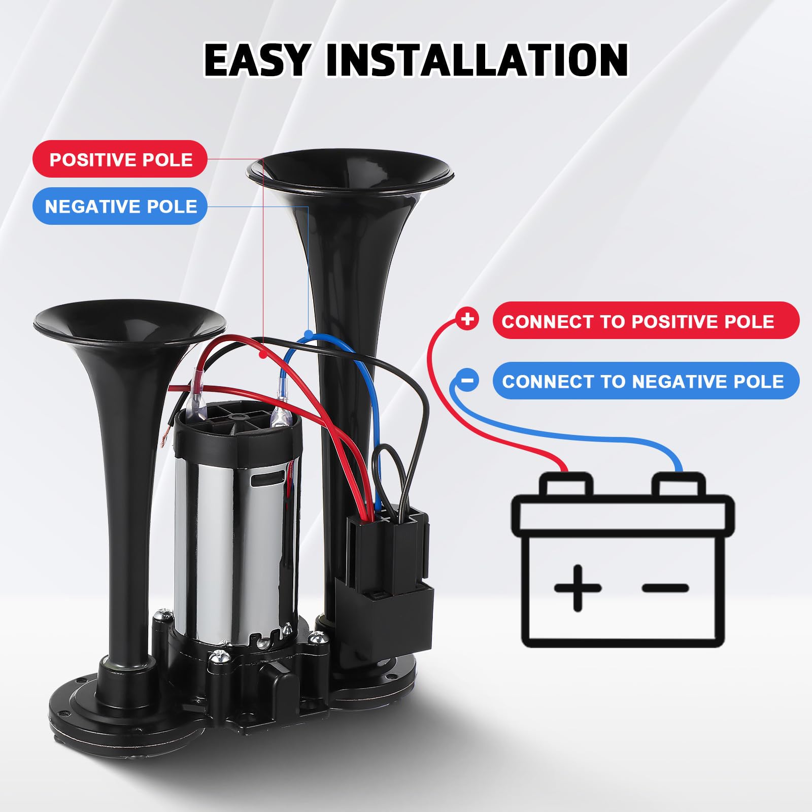 ARTIBETTER Bocina de Aire Eléctrica, Bocinas para Coche, Metal, Negra, 12 V, Doble Tubo, para Camión, Coche, Suv, Moto y Barco, Sonido Fuerte, Kit de Instalación