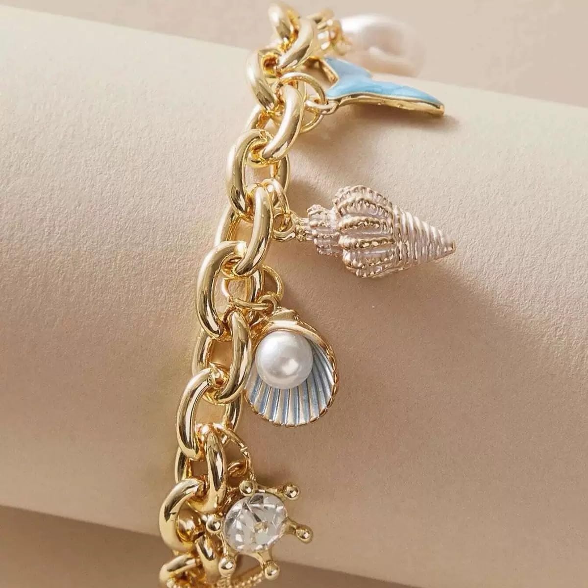 Bohemian Starfish Shell Pearl Conch Charm Bracelet for Women Gold Chunky Cuban Link Chain Boho Mermaid Rhinestone Seashell Pendant Anklet Bracelets Summer Hawaiian Ocean Beach Holiday Trendy Jewelry - Image 4