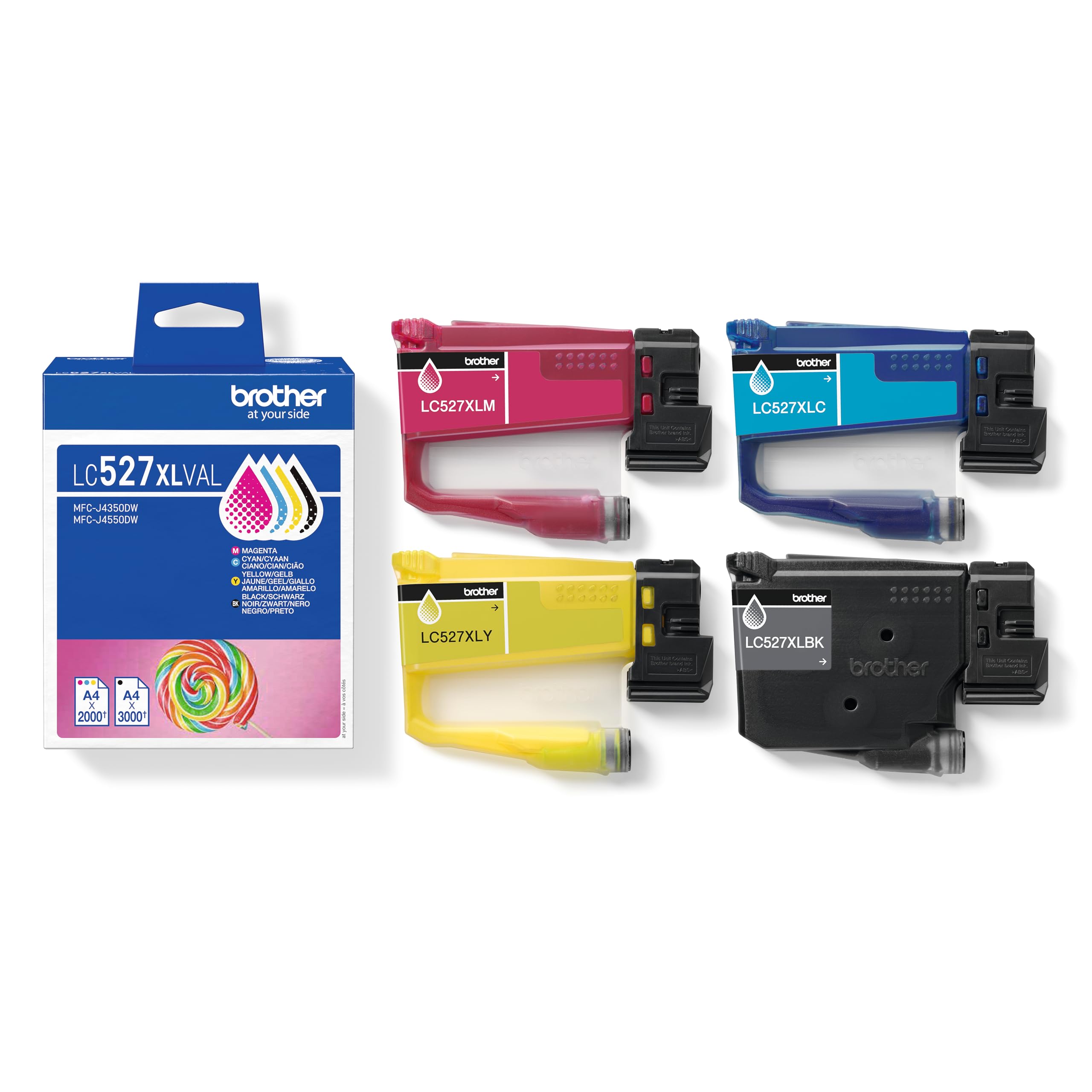 Brother LC527XLVAL | Kit da 4 Cartucce ink | Include colori Nero, Ciano, Magenta e Giallo | da 3000 pag (Nero) e 2000 pag (Colori) | per stampanti MFCJ4350DW / MFCJ4550DW