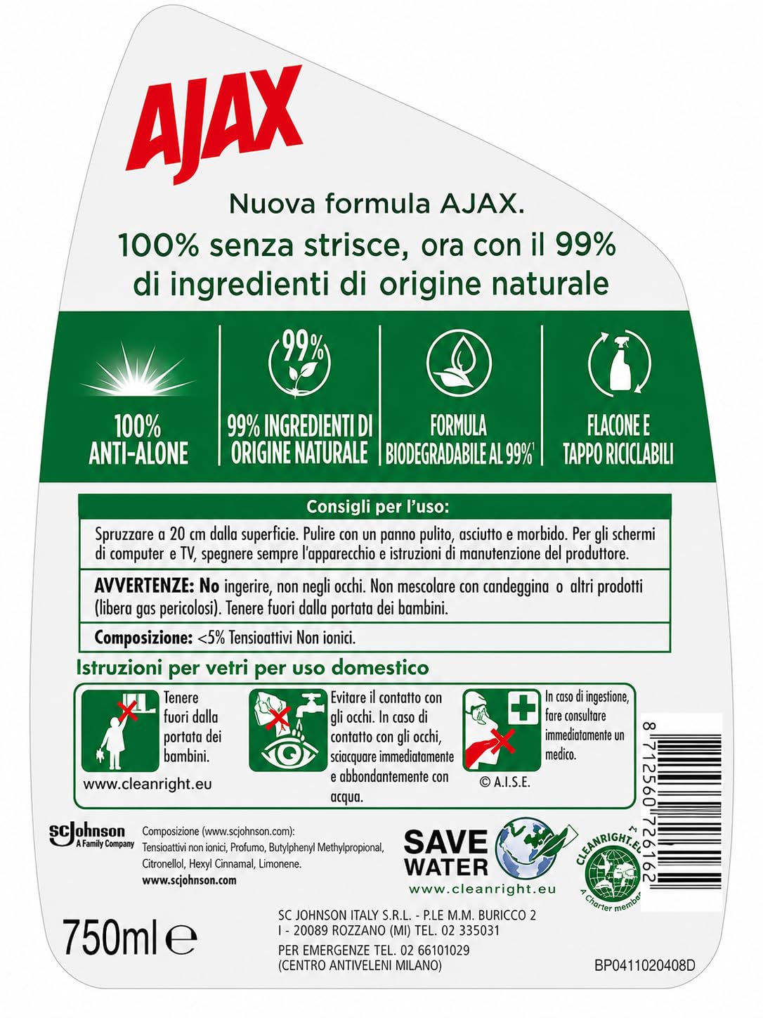 Detergente vetri con ammoniaca ricarica – pulizia brillante senza aloni – 750 ml – Variazioni 4/8/12 Pezzi (12)