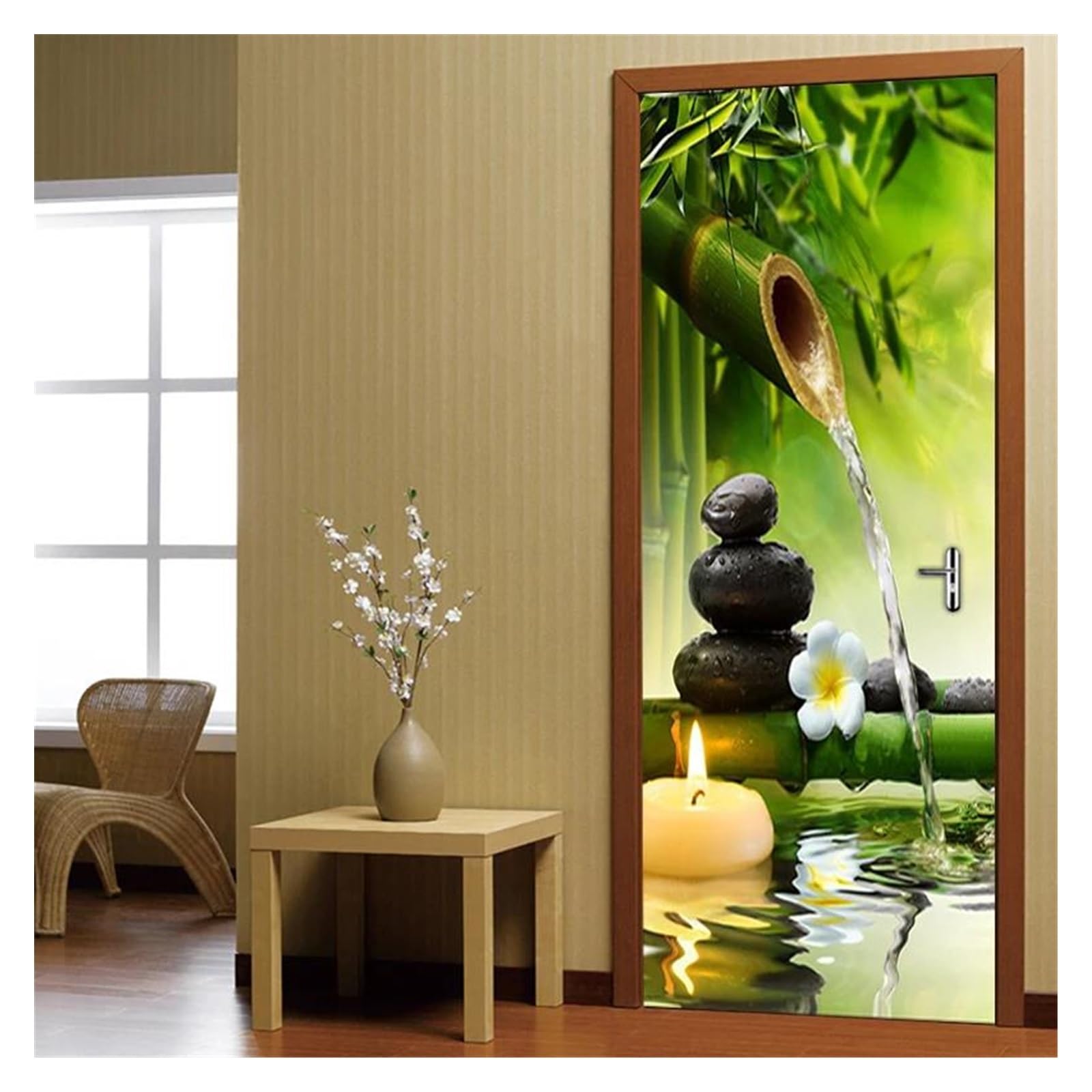 Papier peint de porte 3D bambou vert autocollant pour illuminer un couloir sombre