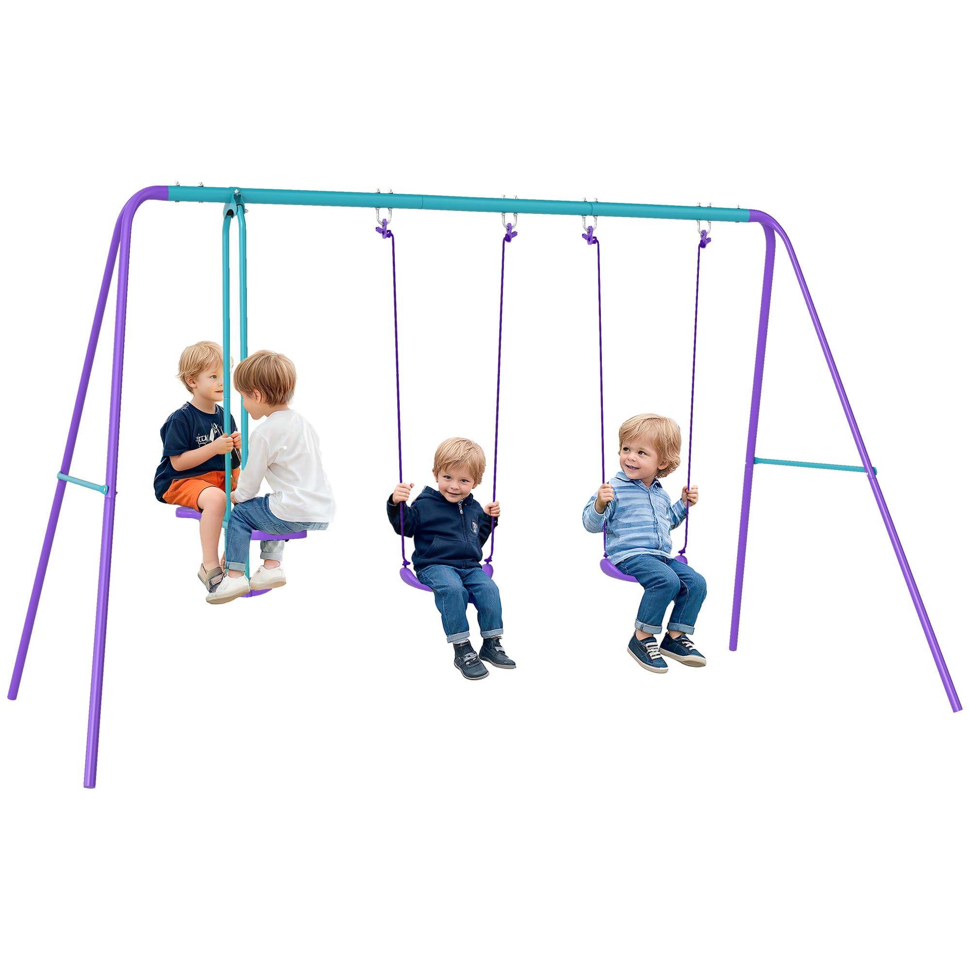 Outsunny Metal Garden Swing Set with Adjustable Height Swings for Children 3+ Years Old with Double Swing Rocker for Patio Terrace 280x140x176cm Blue and Purple