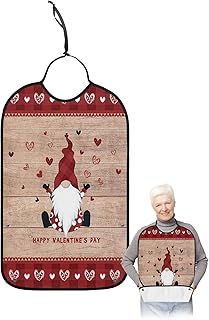 BOBOWUNY Valentines Gnomes Adult Bibs for Elder Women Men Eating, Red Checkered Love Heart Retro Wood Waterproof & Washable Bibs for Eating Clothing Protector Dining Bibs for Crumb Catcher