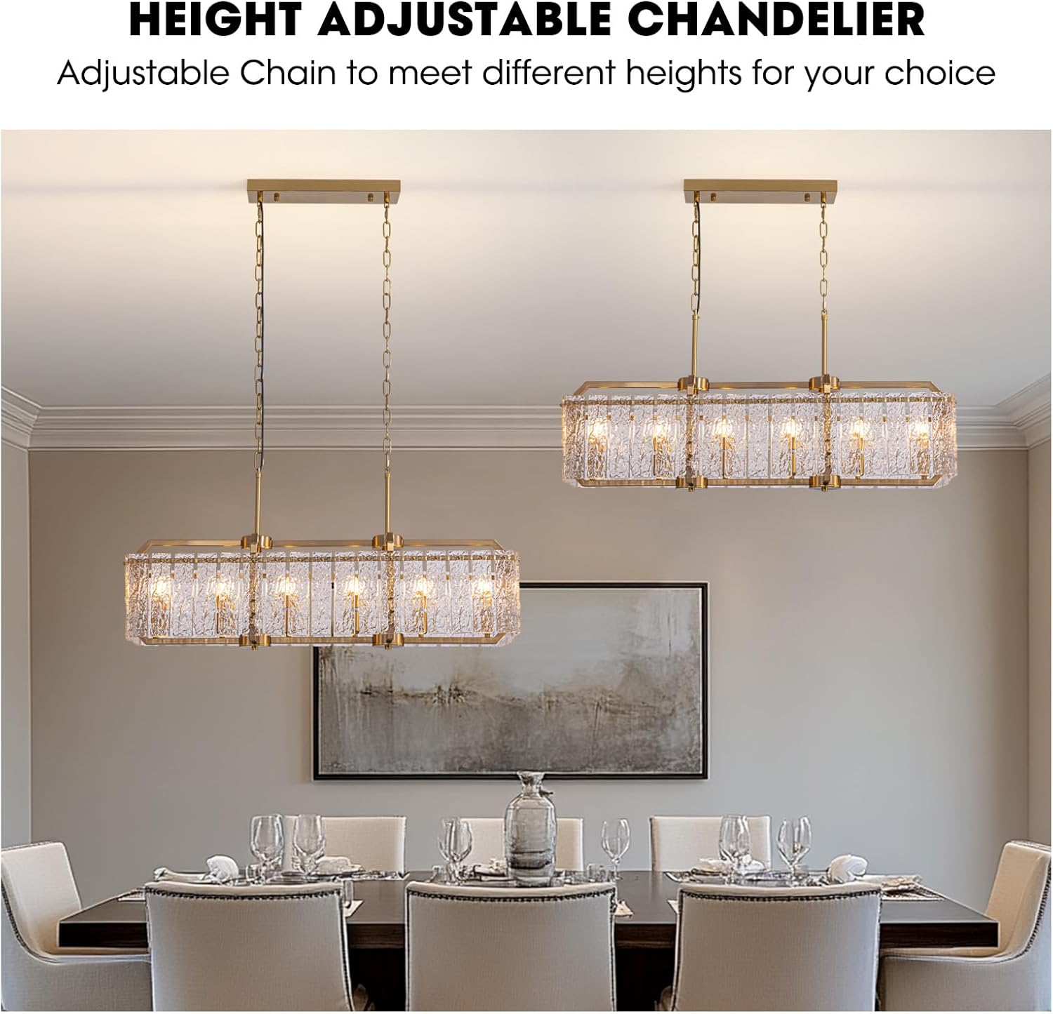 CROSSIO Gold Crystal Rectangle Chandelier, 40inch Large Rectangular Water Ripple Glass Island Light Fixture, Elegant Linear Lighting for Kitchen Island, Living Room
