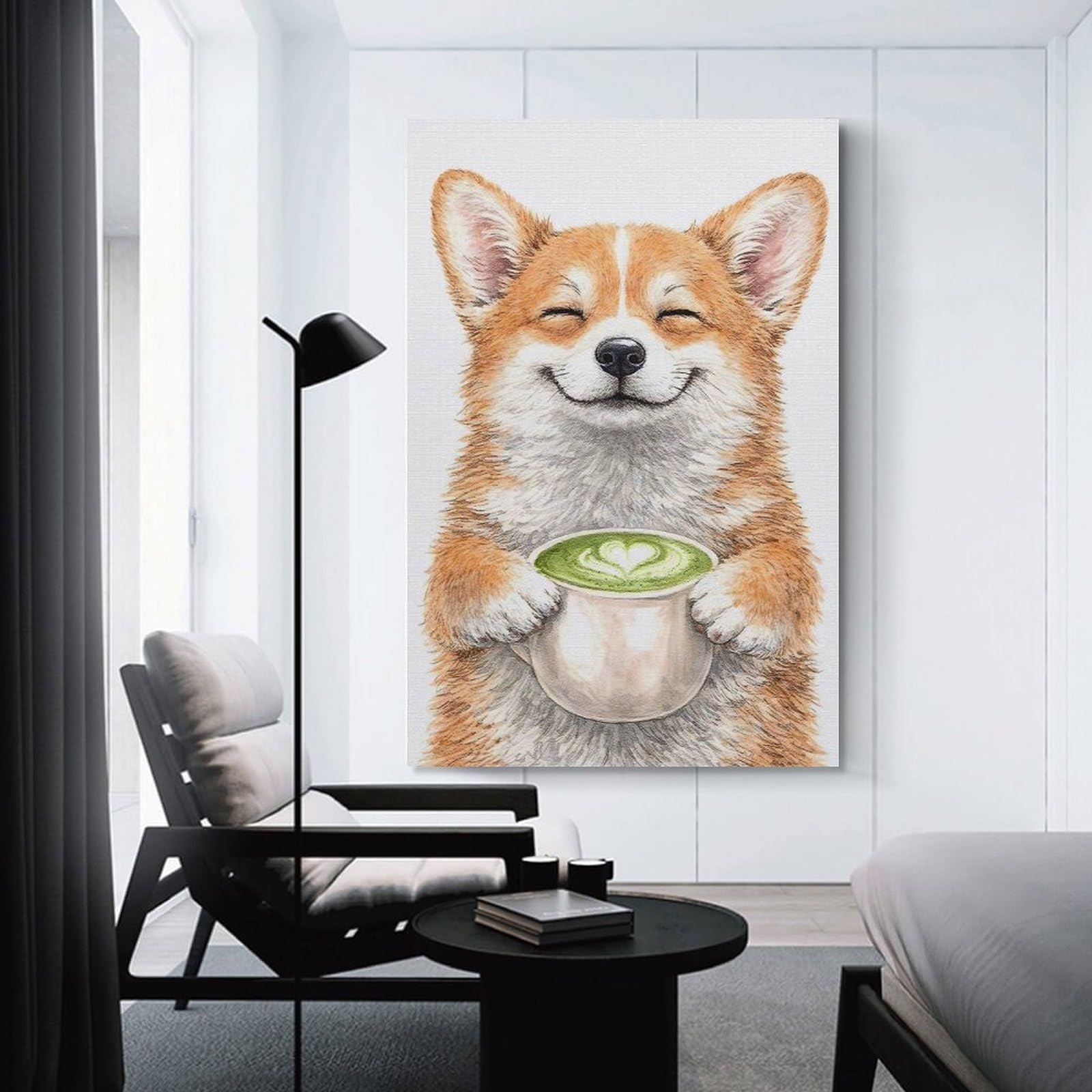 Junmoney Home Decor Wall Art Happy Corgi with Matcha Latte, 24x36inch(60x90cm), for New Homes, Bedrooms Or Workspaces, Home Decor Gift with Stylish Appeal