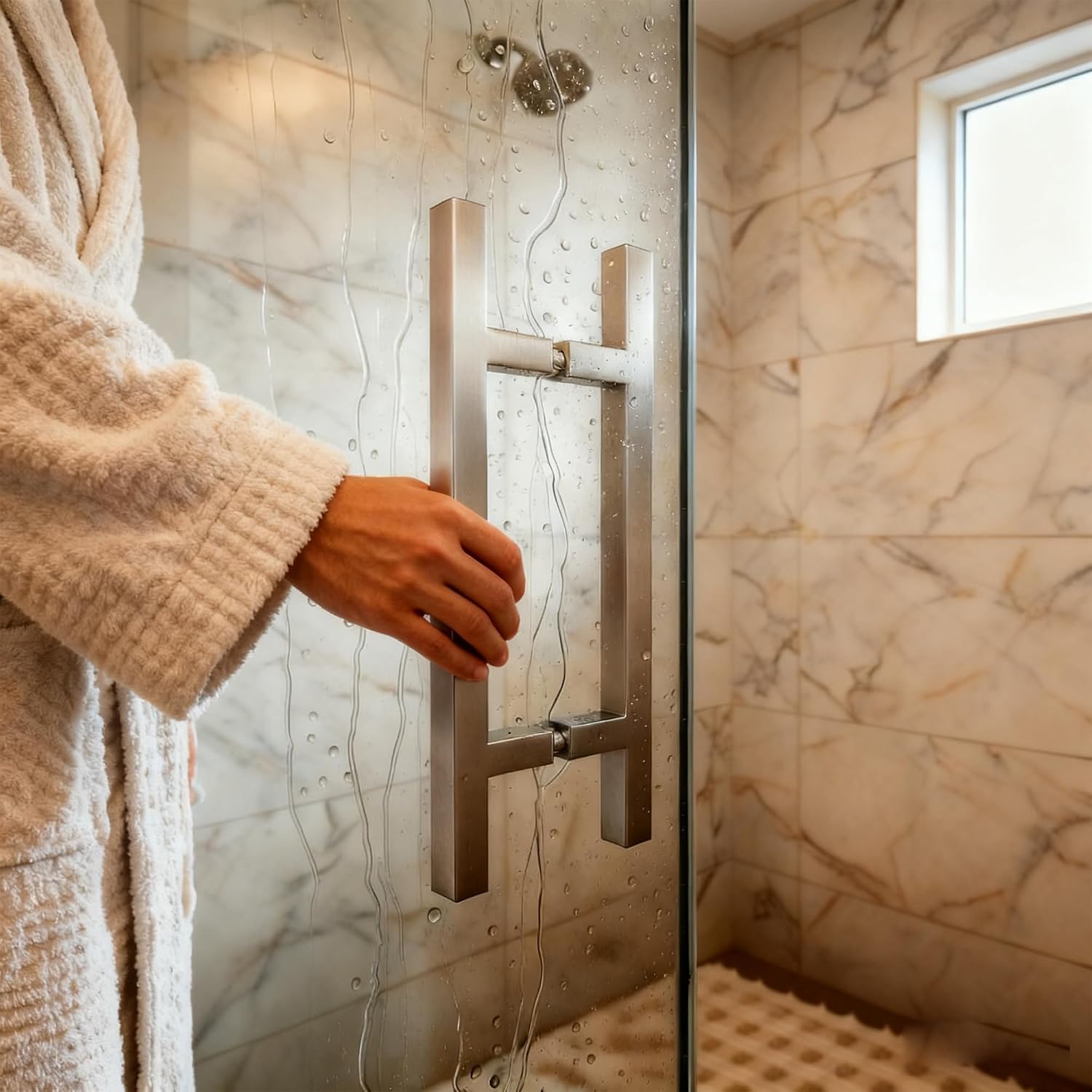 NovaNectar 12in Square Ladder Shower Door Pull Handle, Brushed Nickel | 304 Stainless Steel Replacement Hardware, H Shape Handles for Sliding Frameless Shower Doors (8'' Hole Spacing)