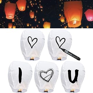 Paquete de 5 linternas chinas de cielo para liberar en el cielo, color blanco, faroles de papel resistentes al fuego para conmemoración, linternas voladoras biodegradables de alta calidad ecológicas