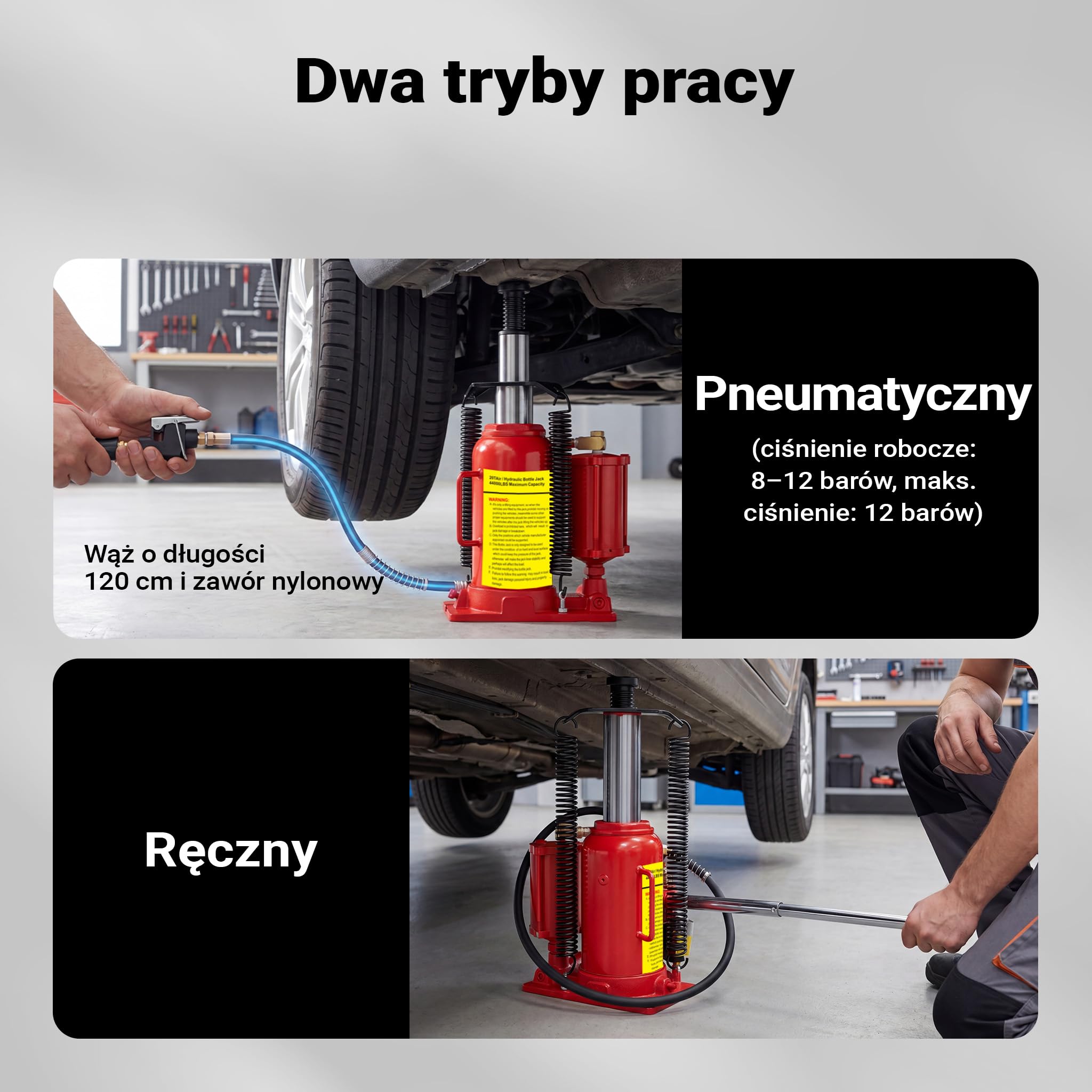 Hydrauliczny i pneumatyczny podnośnik ramowy Wiltec 20T, 260-510 mm, kompaktowy stalowy podnośnik do butli, pneumatyczny i ręczny