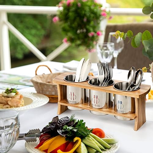 Miniatura 5 de Soporte de cubiertos para encimera, organizador de utensilios de cubiertos de acero inoxidable con soporte de bambú, soporte rústico para cubiertos