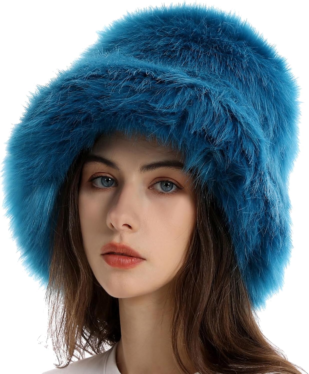 Reyox Women Winter Fuzzy Bucket Hat Warm Solid Color Faux Fur Fisherman Cap - Image 2