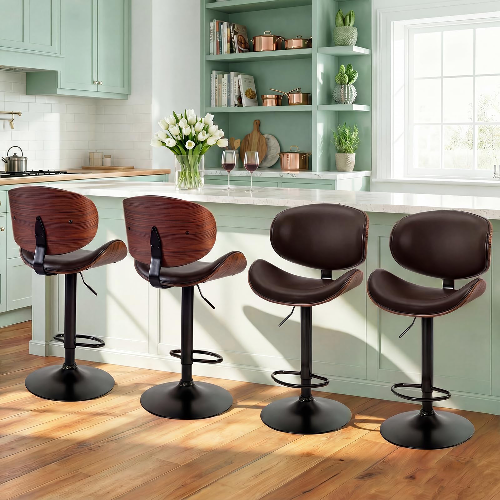 Photo 1 of DUMOS Swivel Bar Stools - Set of 4, Adjustable Height, Brown PU Leather