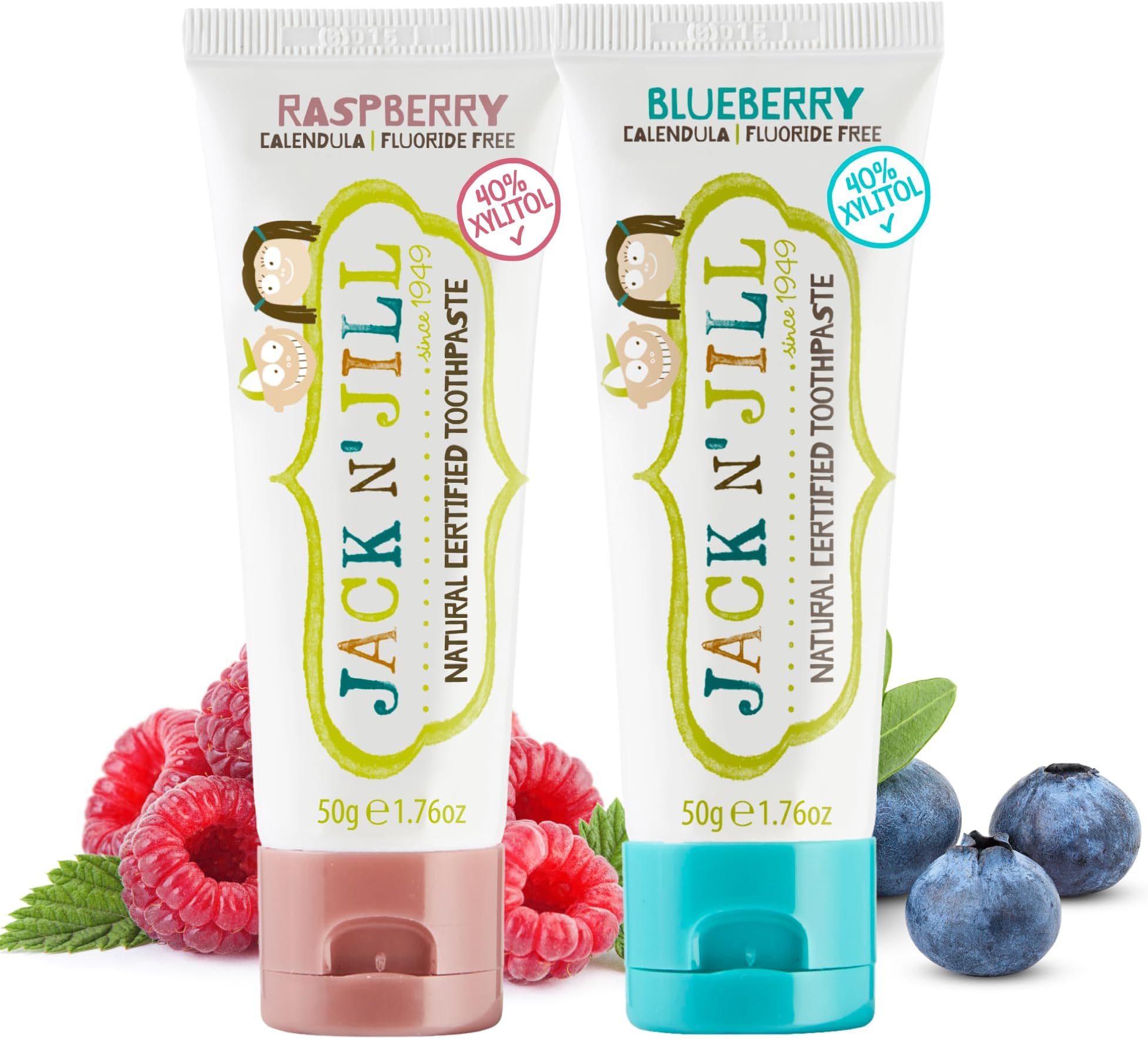 Jack N' Jill Natural Toothpaste for Baby and Infants - Fluoride Free Training Toothpaste, 40% Xylitol, BPA Free - Blueberry & Raspberry, 1.76 oz (Pack of 2)