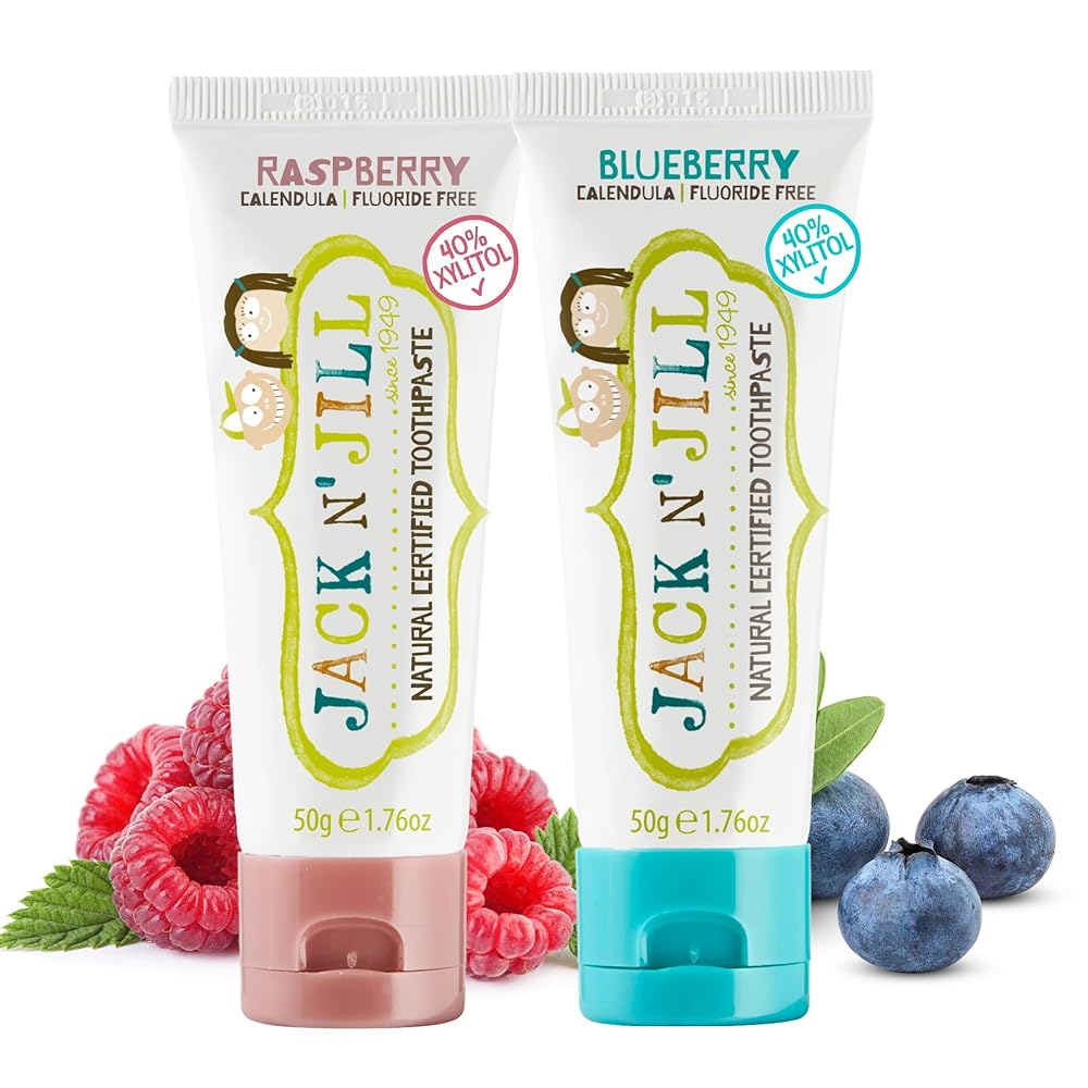 Jack N\' Jill Natural Toothpaste for Baby and Infants - Fluoride Free Training Toothpaste, 40% Xylitol, BPA Free - Blueberry & Raspberry, 1.76 oz (Pack of 2)