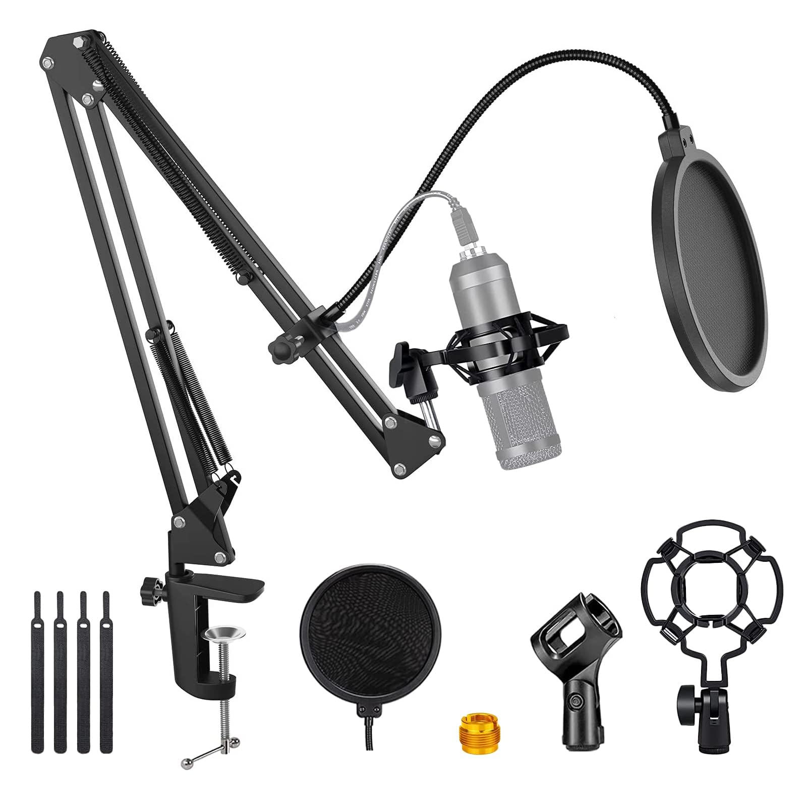 Microphone Arm Stand，Adjustable Suspension Boom Mic Stand with 3/8" to 5/8" Screw Adapter, Pop Filter, Mic Clip, Shock Mount，for Voice-Over Gaming Recording Podcasts Streaming