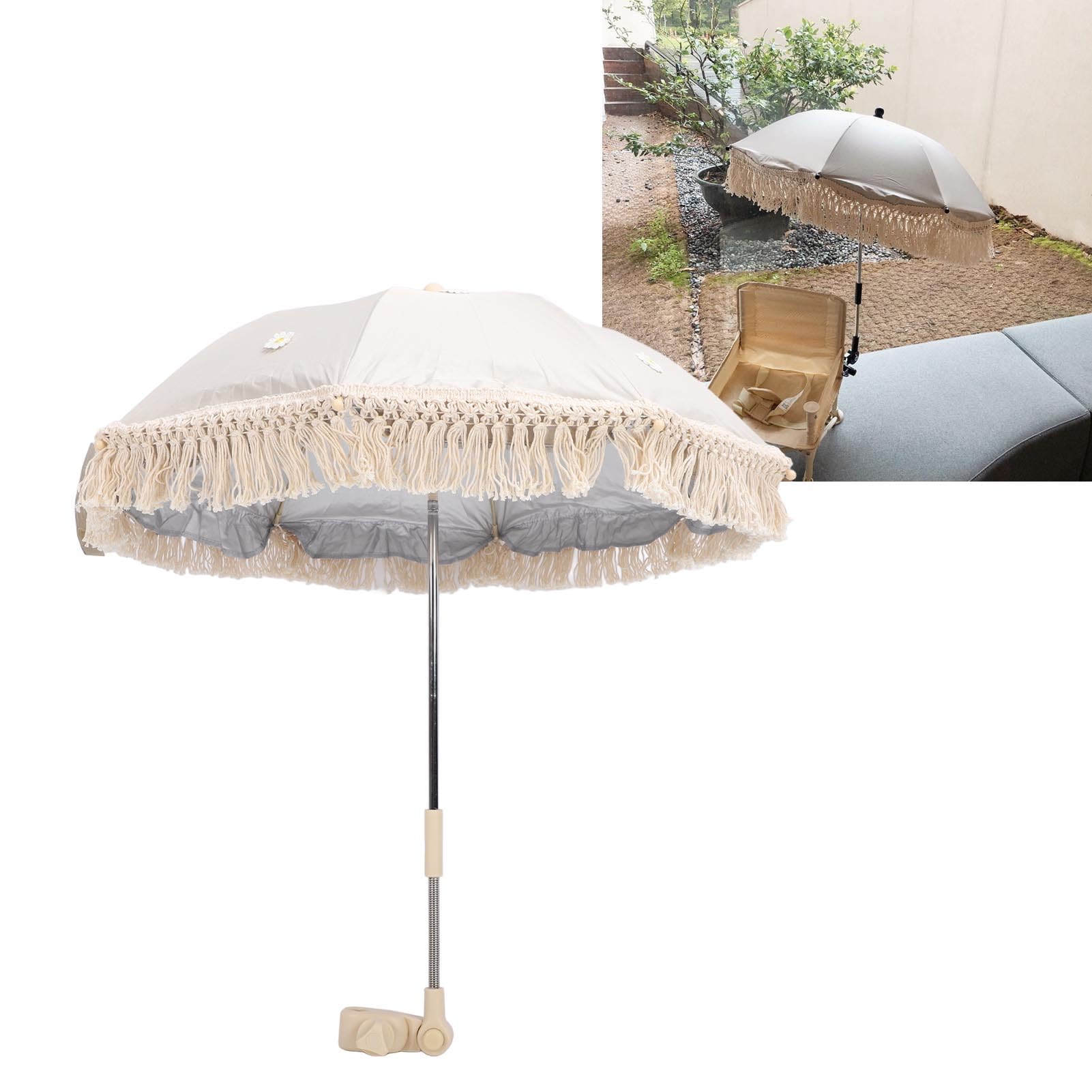 Ombrellone parasole per bambini, resistente ai raggi UV, per bambini, spiaggia, con nappe per passeggino, passeggino, tribune (beige con piccolo crisantemo)