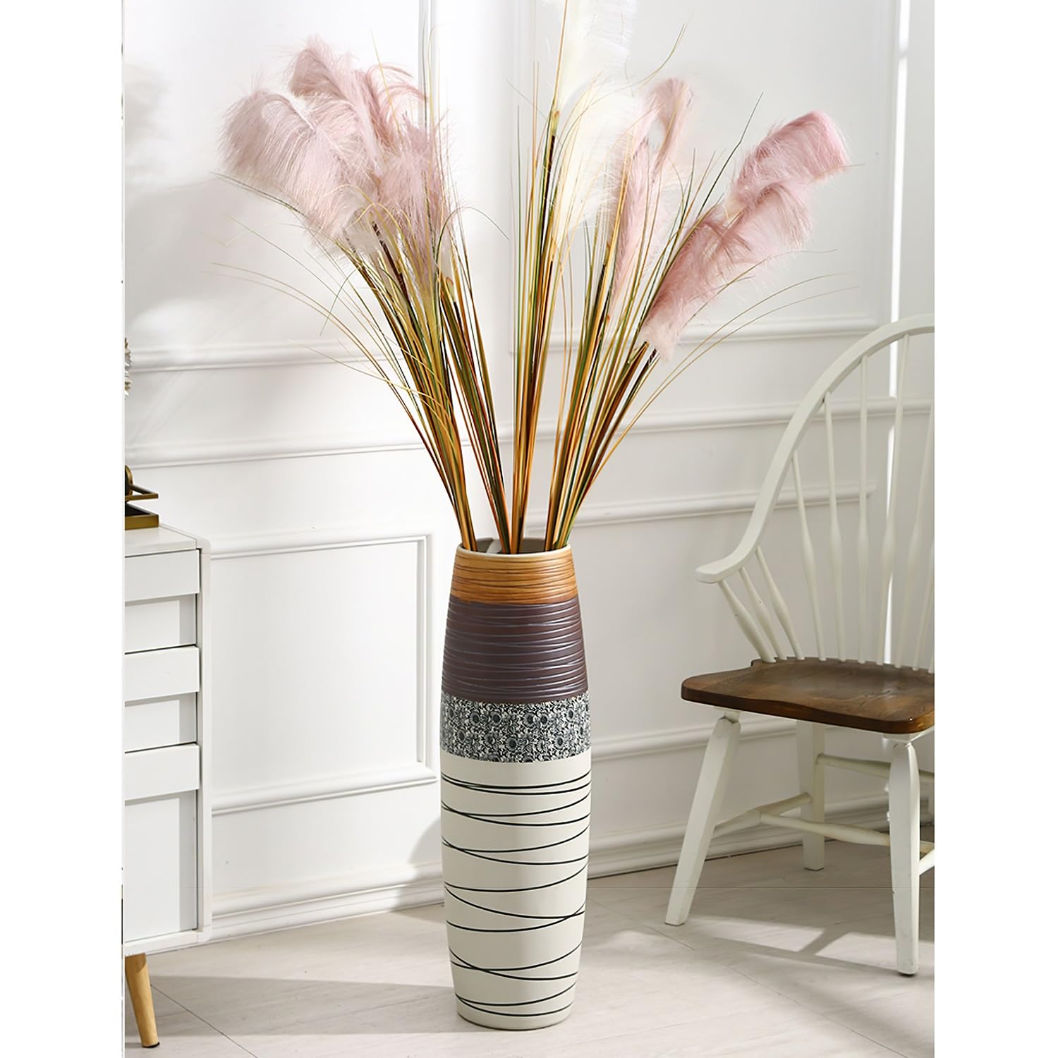 GLJTUO Hohe Bodenvase, 80 cm, Gestreift, Große Bodenvase Aus Keramik Für Heimdeko, Wohnzimmer, Büro, Eingangsbereich, Dekorative Zweige Und