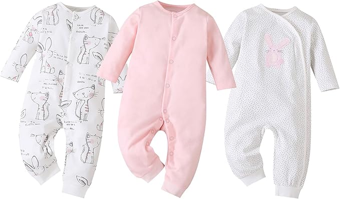 amropi Pack de 3 Mono Bebé Niñas Niños Peleles Pijama Mameluco de Manga Larga por 0-18 Meses