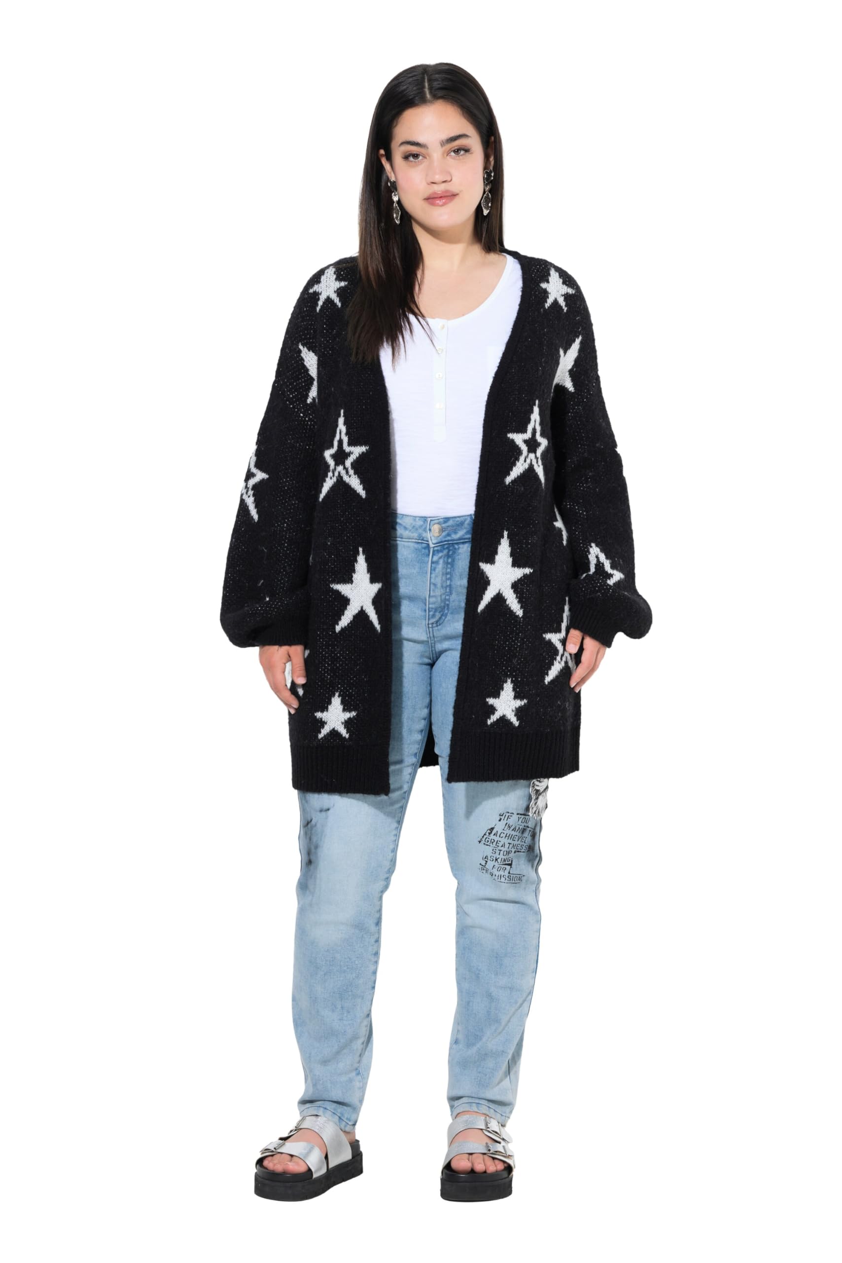 Angel of Style Damen große Größen Übergrößen Plus Size Long-Strickjacke, offen, Sterne, Ballon-Langarm 843593