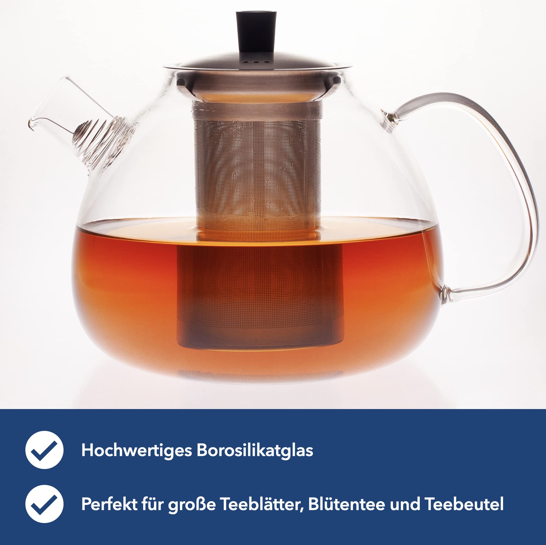 Teekanne Glas 1300ml Borosilikat - Hitzebeständig Mit Siebeinsatz, Spülmaschinenfest