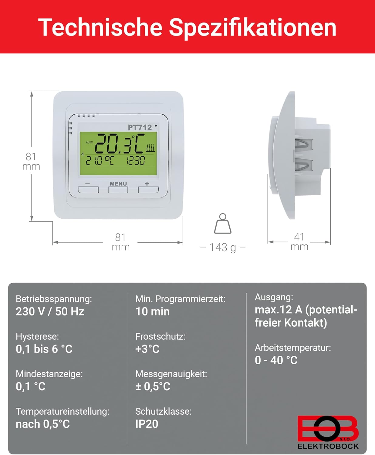 Diagram showing technical specifications and dimensions of the Elektrobock PT712 thermostat.