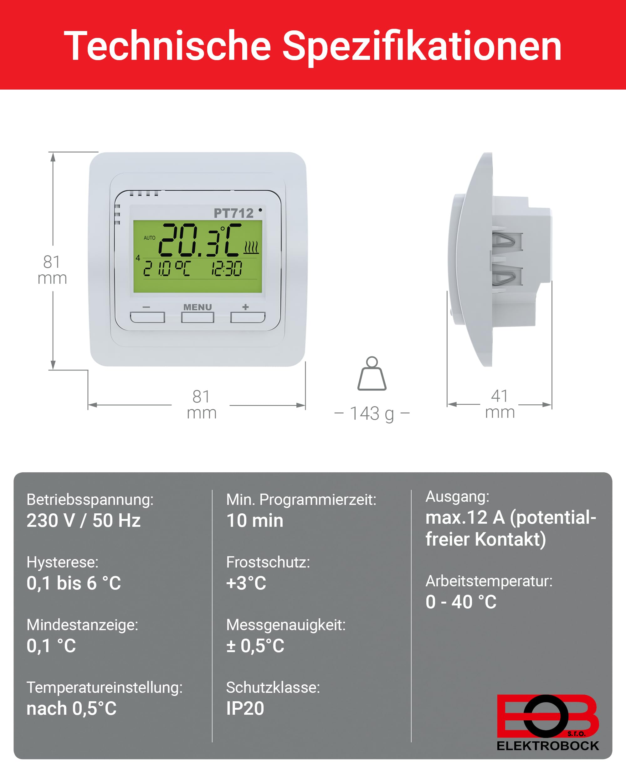 ELEKTROBOCK PT712 Digitaler Raumthermostat 230V - Programmierbarer Wandthermostat mit beleuchtetem LCD Display - Für elektrische Heizungen - Einstellbare Wochenprogramme - Zusatzfunktionen