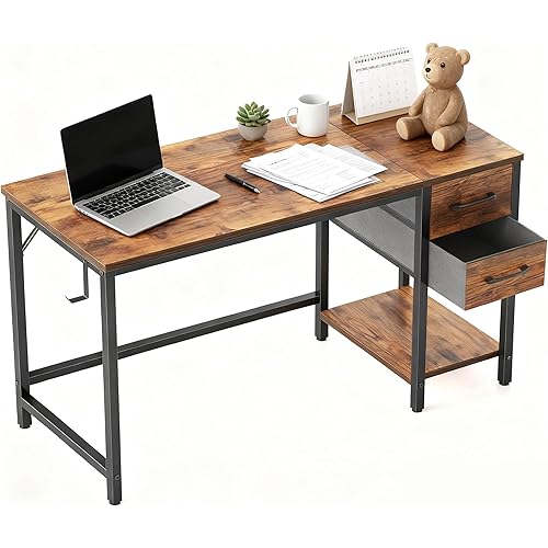 Cubiker Computer Home Office Desk with Drawers, 47 Inch Small Desk Study Writing Table, Modern Simple PC Desk, Vintage Brown