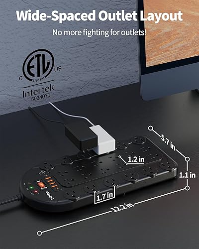Miniatura 4 de Regleta de alimentación, 24 salidas de CA (1875 W15 A) con 6 USB (2 puertos USB-C), protector de sobretensiones (3,400 julios), cable de extensión