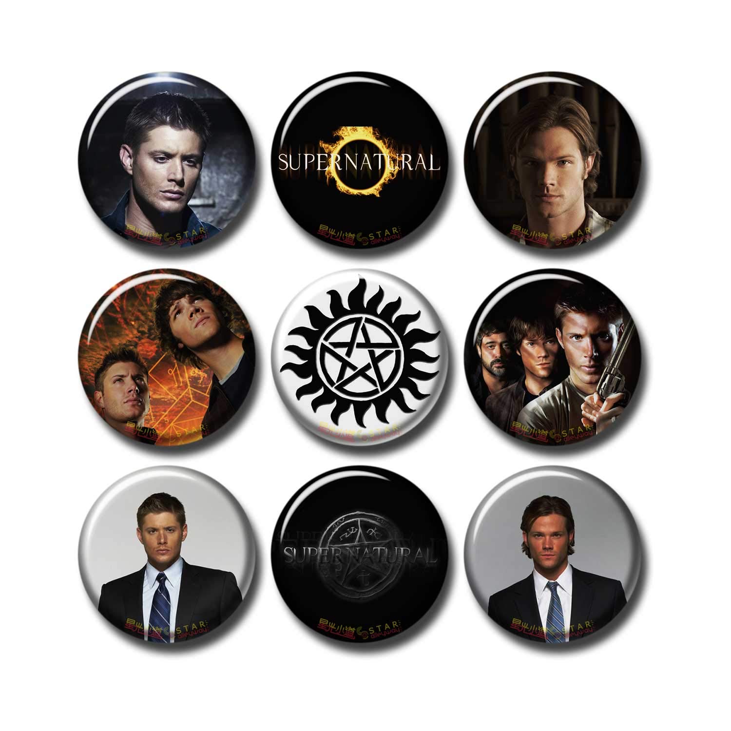 9 pcs Supernatural Fridge Magnets Set Pack 1.5"/3.7cm, TV Show Casts Logo Jensen Ackles Jared Padlecki Misha Collins, 253-P004