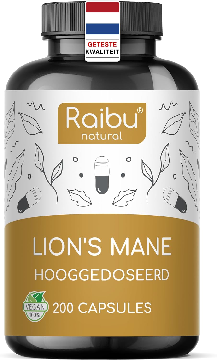 Lions Mane (Hericium erinaceus) – 1950 mg hericium extract per daily dose – 30:1 extract (58,500 mg wig fungus) – with 30% polysaccharides & 5% beta-glucan – Vegan & laboratory tested – Raibu