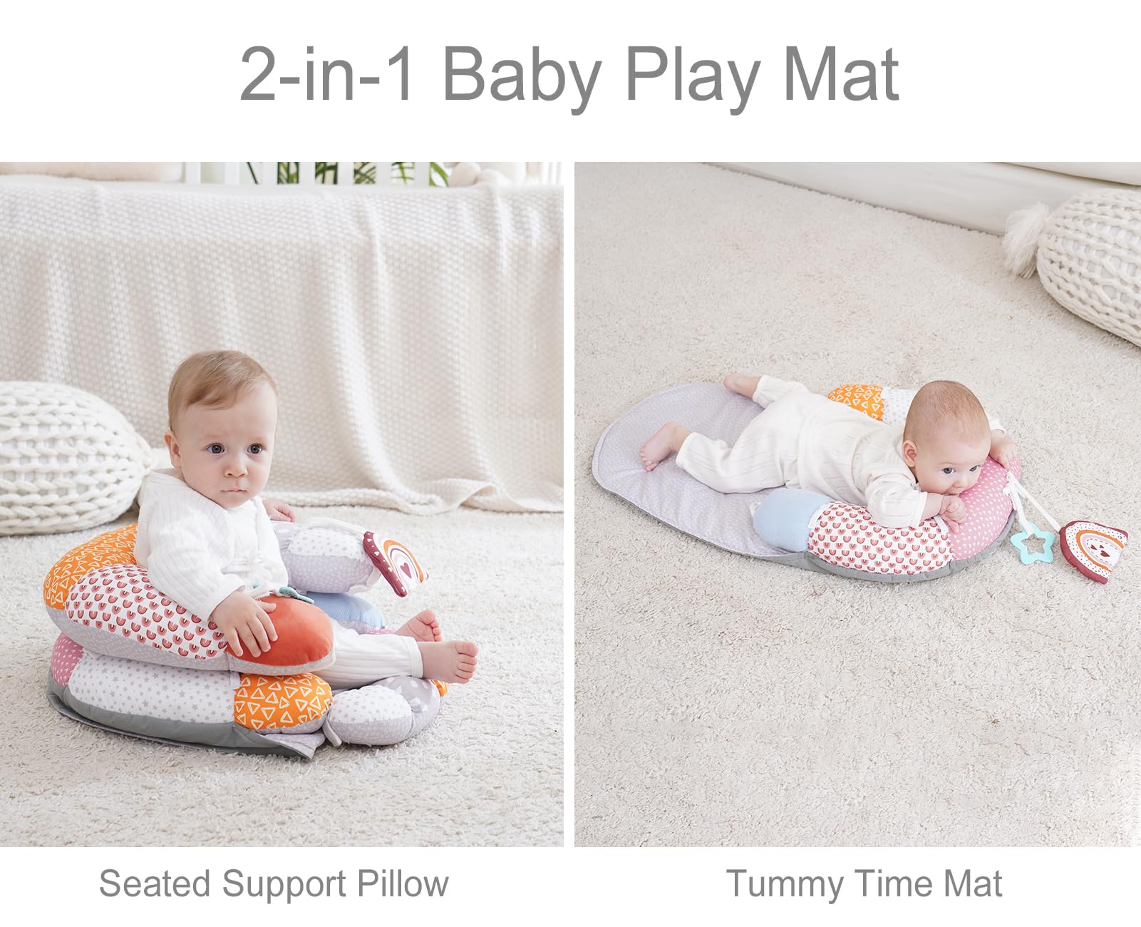 MIIMER 2-in-1 Tummy Time Baby Mat & Seated Support Pillow, Tummy Time Pillow with Detachable Support Pillow and Toys, for Early Development Support for Newborns and Older Babies