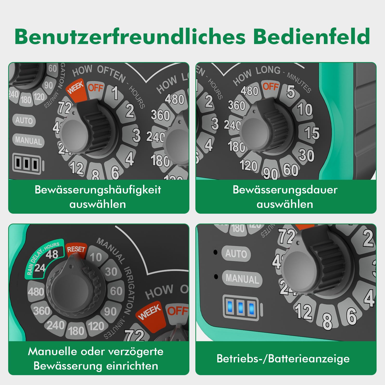RESTMO Mechanischer Bewässerungscomputer mit 3 Drehreglern, Messing Einlass & Auslass, Zeitschaltuhr für Gartenschlauch, automatisches Tropfbewässerungssystem, bis 480 min, einfache Einrichtung