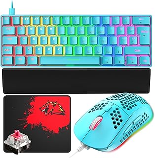 UK Layout 60% Mechanical Keyboard & RGB PC Gaming Mice & Wrist Rest Support & Mouse Pad, 19 Rainbow Backlit Mini 62 Keys Wired Gaming Keyboard and Mouse Set Ultralight For Laptop/MAC-Blue/Red Switch