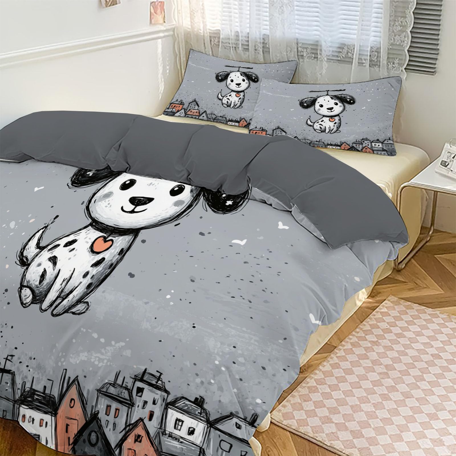 Housse de couette 140x200 ville hélicoptère avec 2 taies d'oreiller enfant