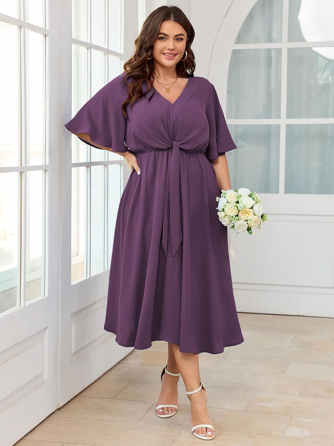SCOMCHIC Women Plus Size Midi Dresses Wedding Guest Short Sleeve V Neck Tie Waist Casual Summer Flowy A Line Dress