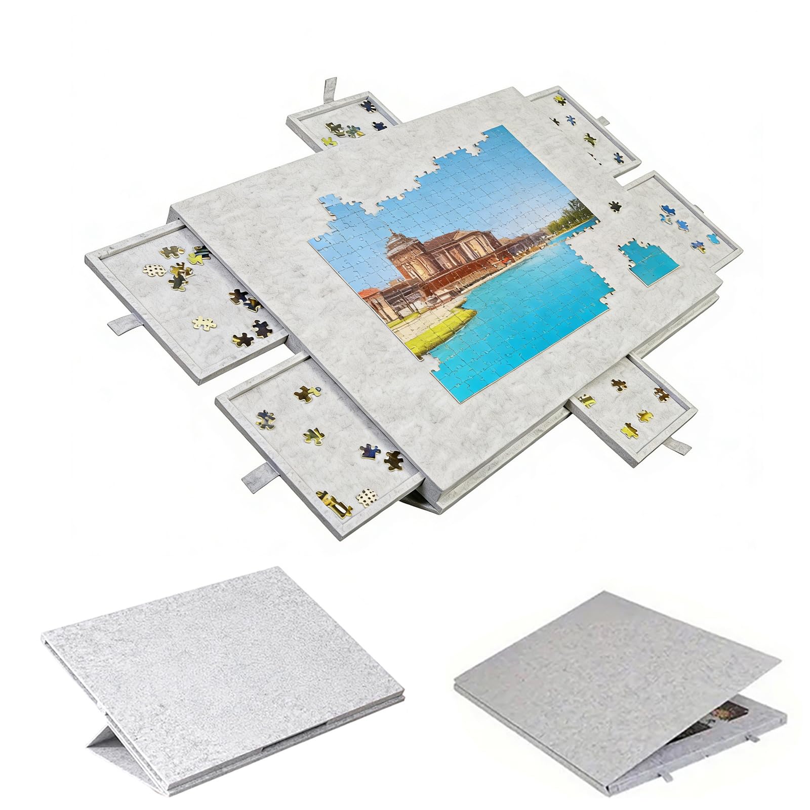 Przechylany stół do puzzli, 1000 elementów – deska do puzzli z 6 szufladami i powierzchnią filcową, przenośna deska do puzzli ze stojakiem 2 w 1, idealna do domu i podróży, 52 x 77 cm