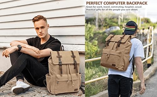 Miniatura 2 de Mochila vintage de lona, mochila de viaje para hombre, mochila casual para laptop, trabajo, viajes, senderismo (caqui), Oro