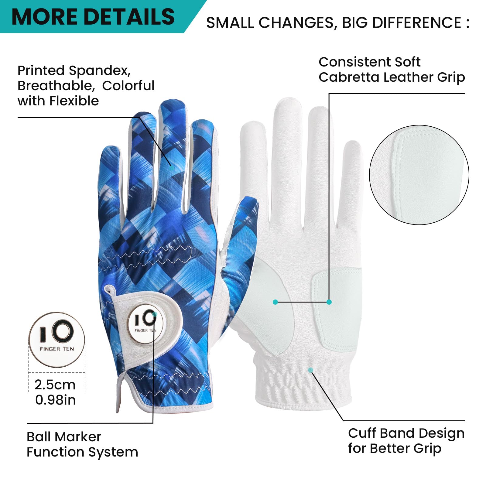FINGER TEN Golf Gloves Men Left Hand Right with Ball Marker Cabretta Leather Weathersof Value Pack,Mens Golf Glove Fashion Pattern Wear Resistant (Navy - Image 2