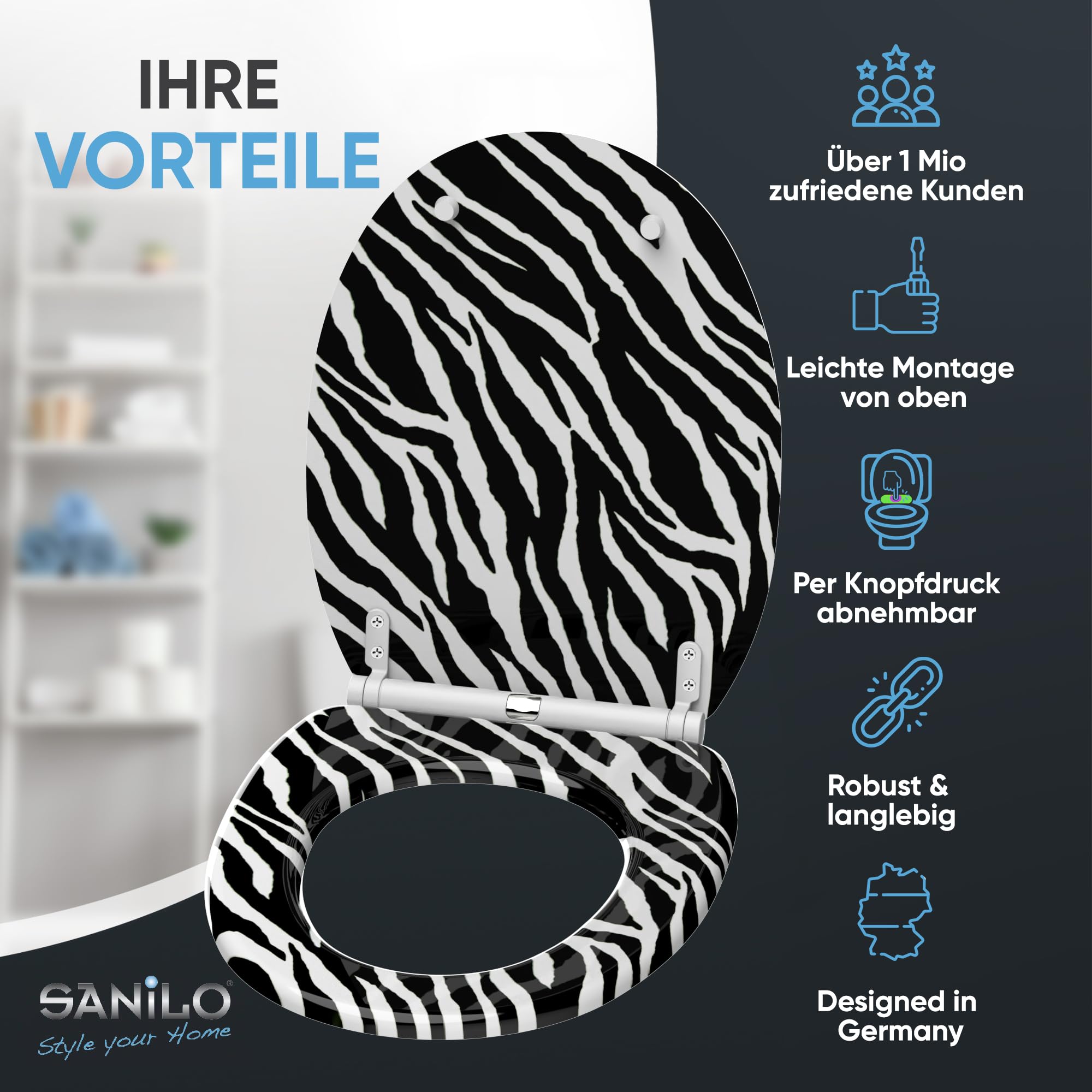 Sanilo WC Sitz mit Absenkautomatik & Quick-Release aus Holz, Zebra