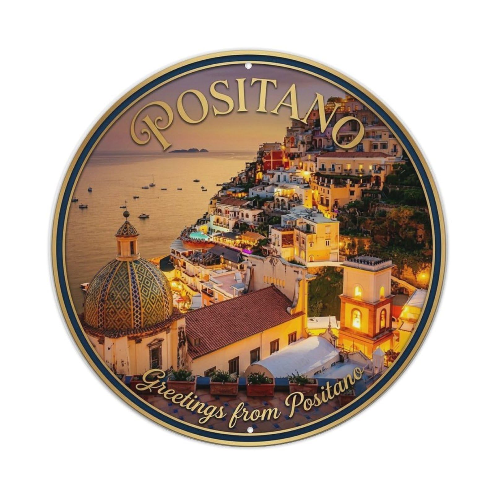 Mediterranean Coast Positano Italian Vintage Seaside Metal Tin Sign Plaque Wall Decor for Cafe, Man Cave, Club Bar, Office, Home Garden Round Metal Poster 8x8Inch