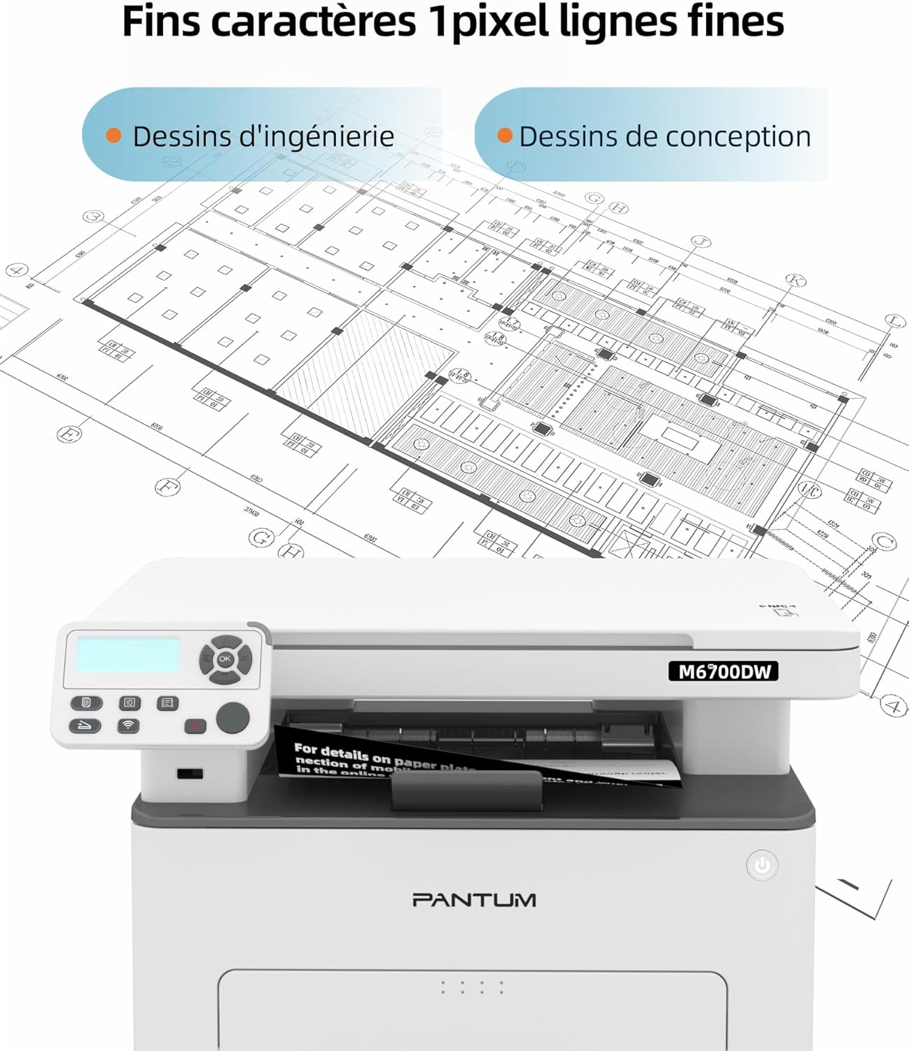 Close-up of the PANTUM M6700DW printer printing fine lines and detailed engineering drawings.